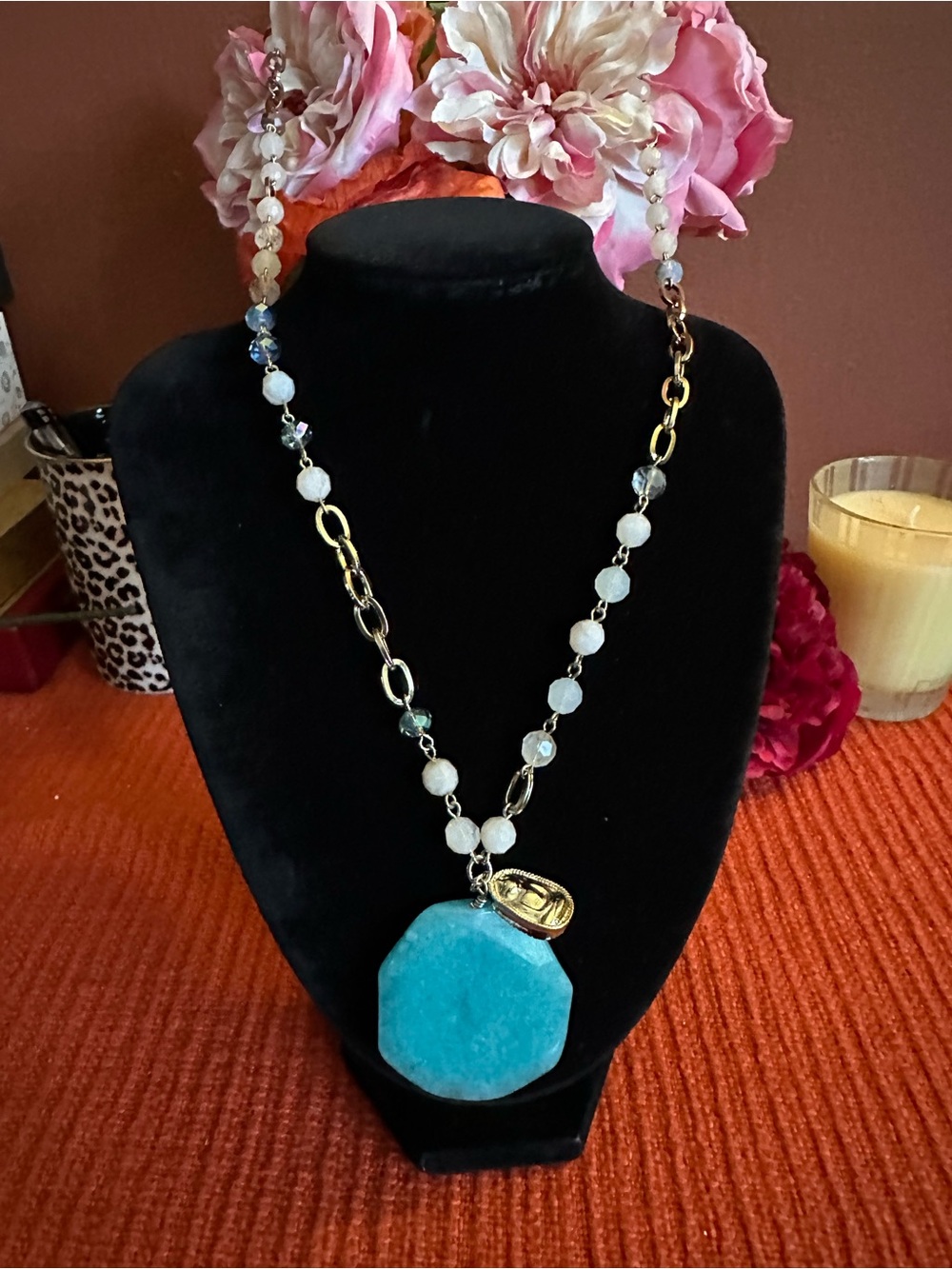 Gold Chain Rare Chico’s  Necklace with Turquoise big Blue Pendant